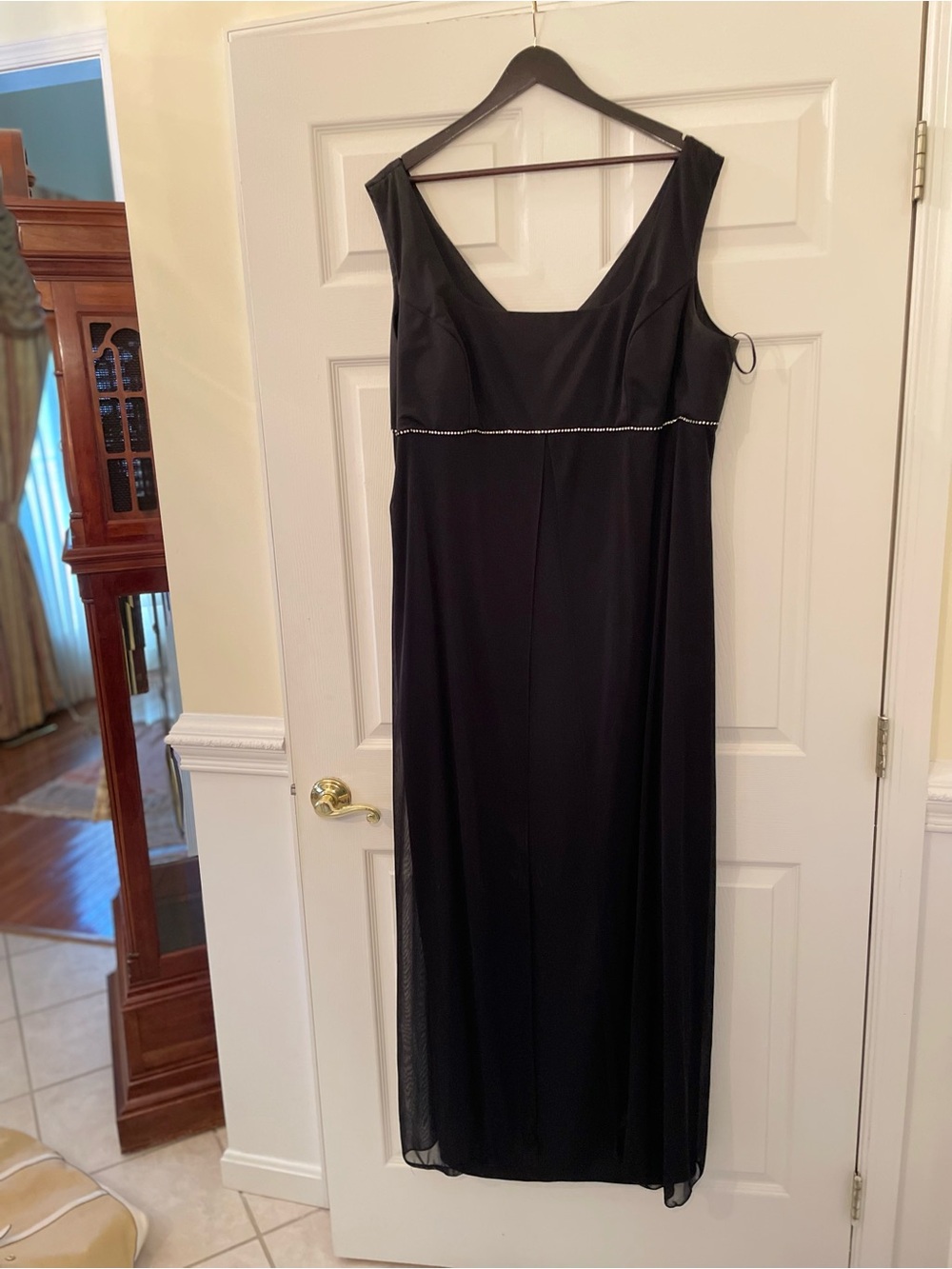 Classic Black Evening Dress with Rhinestone Waist Detail and sheer panels- W22